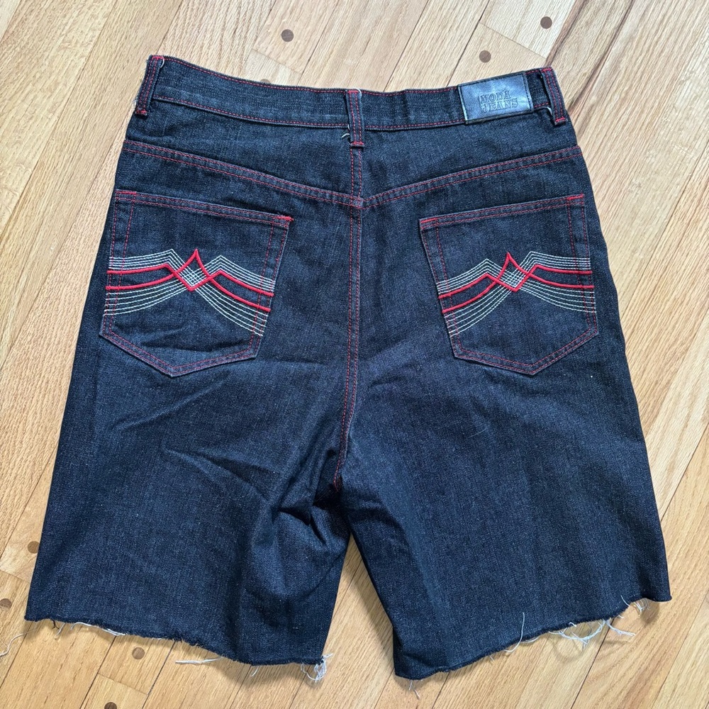 Y2K Moda Jean Shorts Jorts Embroidered Baggy Wide Leg Grunge Black Red Size 34